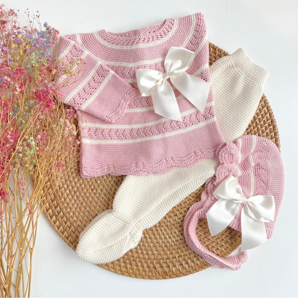 Pink and White Baby Knit Set with Bows